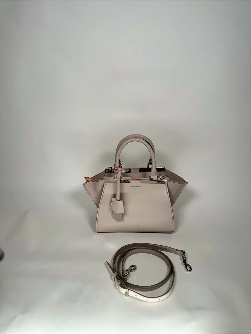 Fendi Small Top-Handle Satchel in Light Gray with Pink and Orange Trim